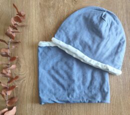 Otroška kapa in šal buff - jeans modra, mint