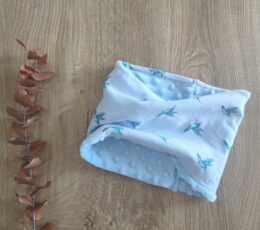 Otroški šal buff - moder z motivom ptic